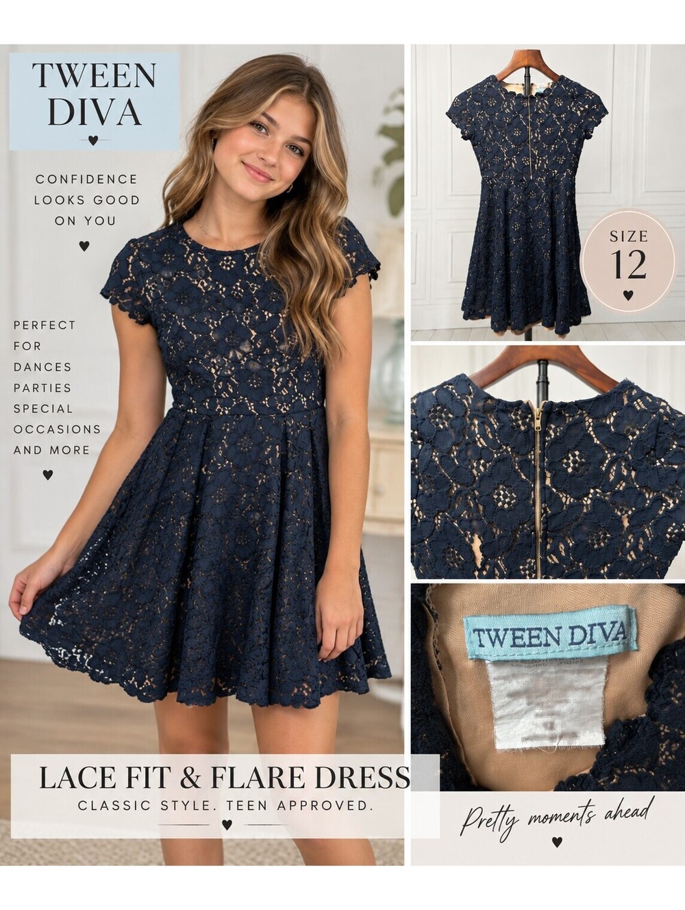Tween Diva Navy Lace Short Sleeve Dress